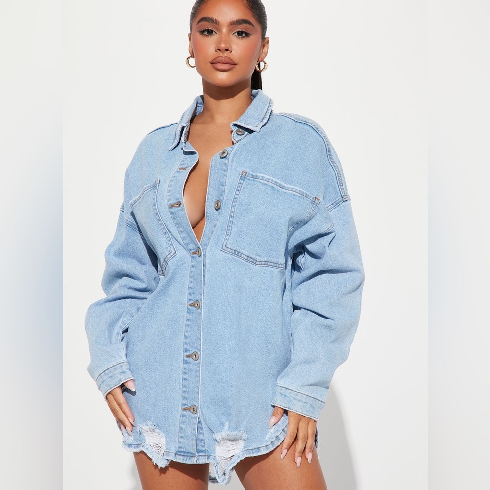 Light Wash Denim Button-Up Distressed Oversized Shacket